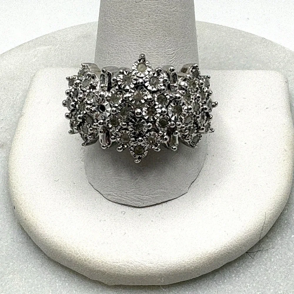 JTV Sterling Silver Natural Diamond Ring Size 12 Cocktail Cluster Holiday READ